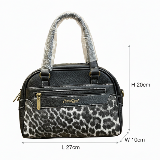 Cotton Road Handbag: BLACK PU Leather Top-Handle Satchel with LEOPARD PRINT & Shoulder Strap
