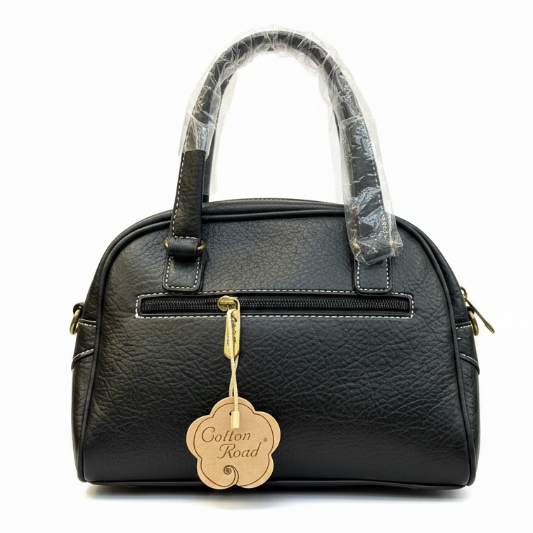 Cotton Road Handbag: BLACK PU Leather Handbag with LEOPARD PRINT Panel