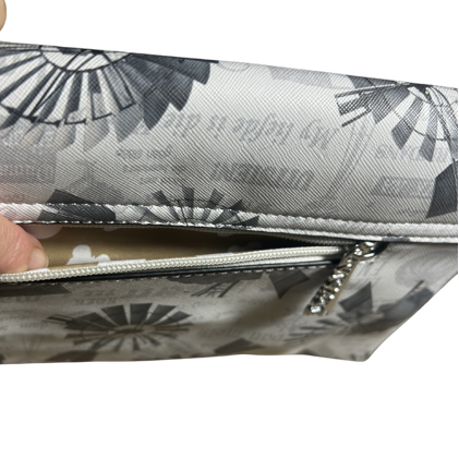 Vivace Clutch Bag: WHITE Faux Leather Sling Bag with Grey Windmill Print