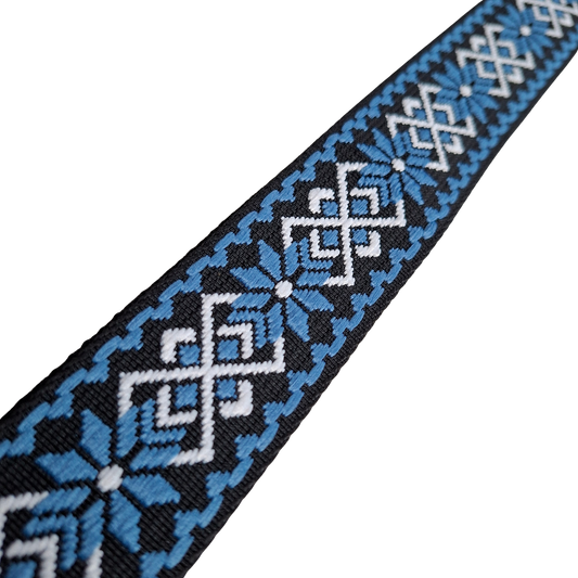 Adjustable Bag Strap: BLUE ON BLACK FLORAL Pattern DETAIL