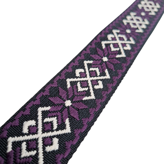 Adjustable Bag Strap: PURPLE ON BLACK with WHITE FLORAL Pattern detail