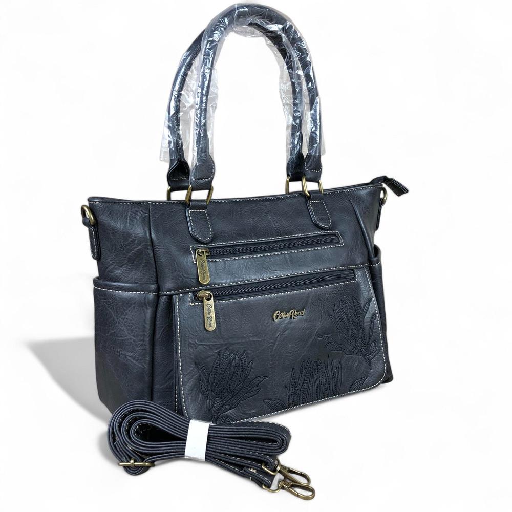 BLACK Cotton Road PU Leather Handbag with EMBROIDERED detailing