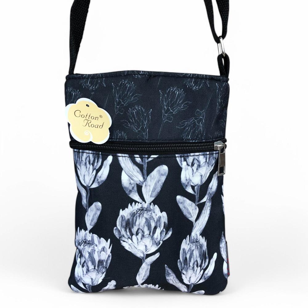 BLACK FLORAL Cotton Road Canvas Mini Sling Bag with PROTEAS
