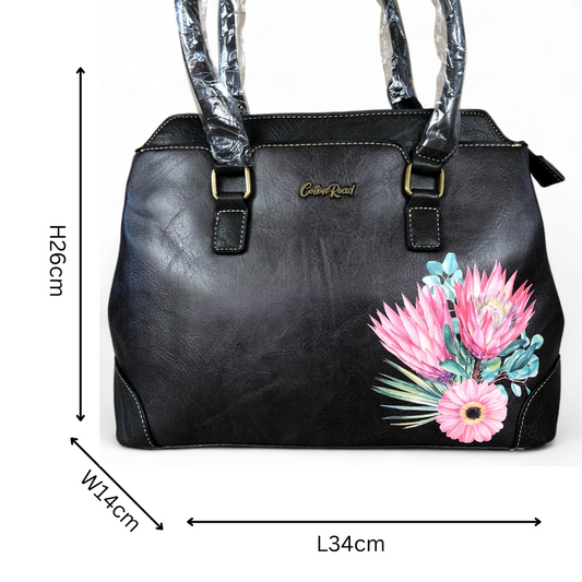 BLACK PU Leather Cotton Road Handbag with PROTEA