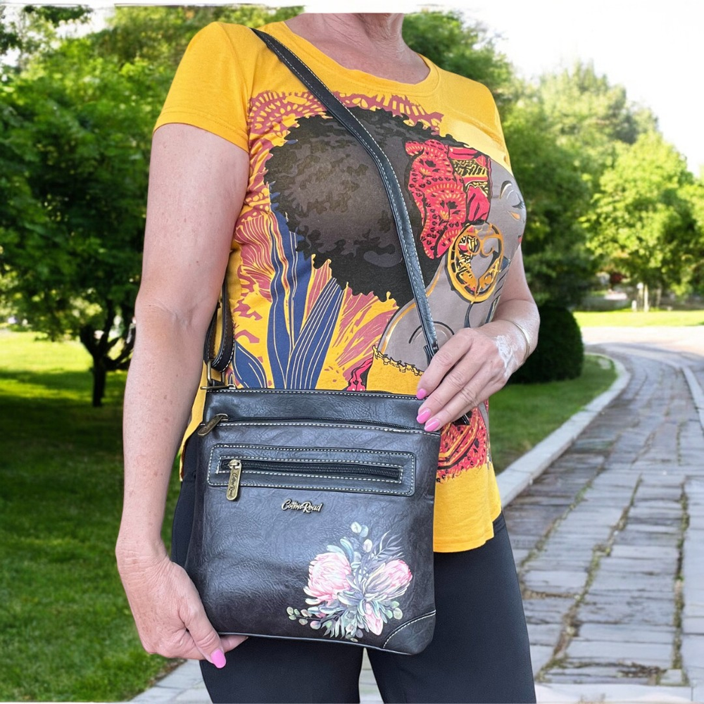 BLACK PU Leather Cotton Road Sling Bag with PROTEAS