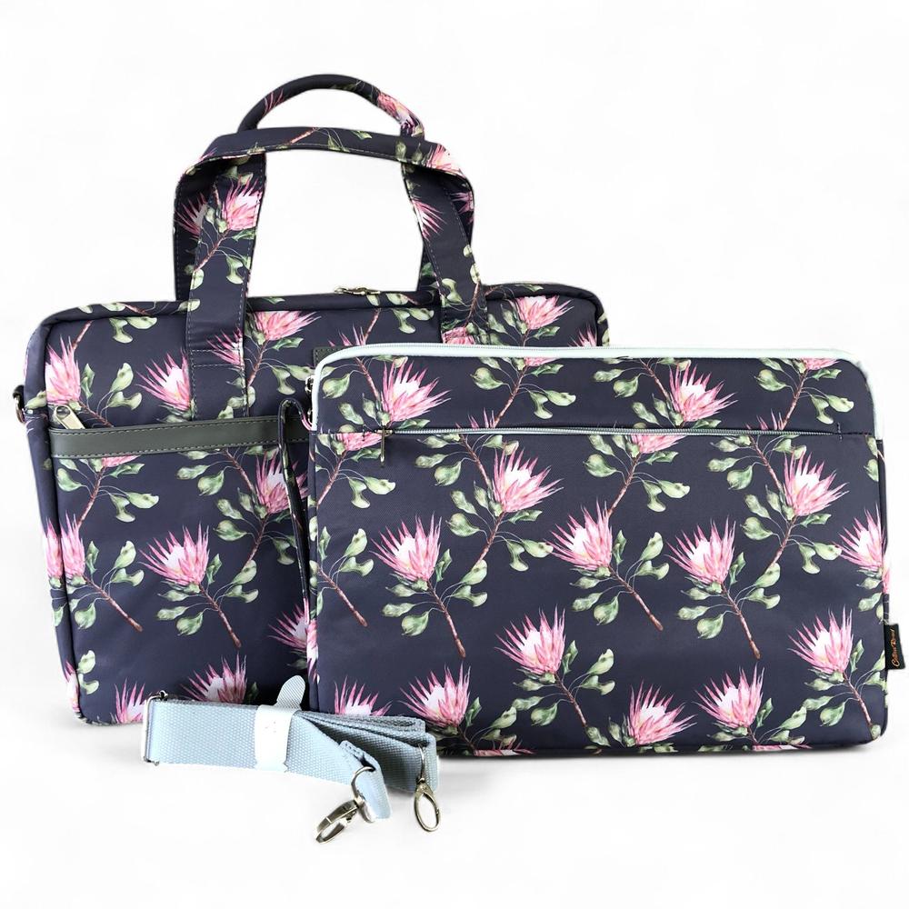 BLUE Canvas FLORAL Cotton Road Laptop Bag with GREY Trim and Matching Sleeve COMBO