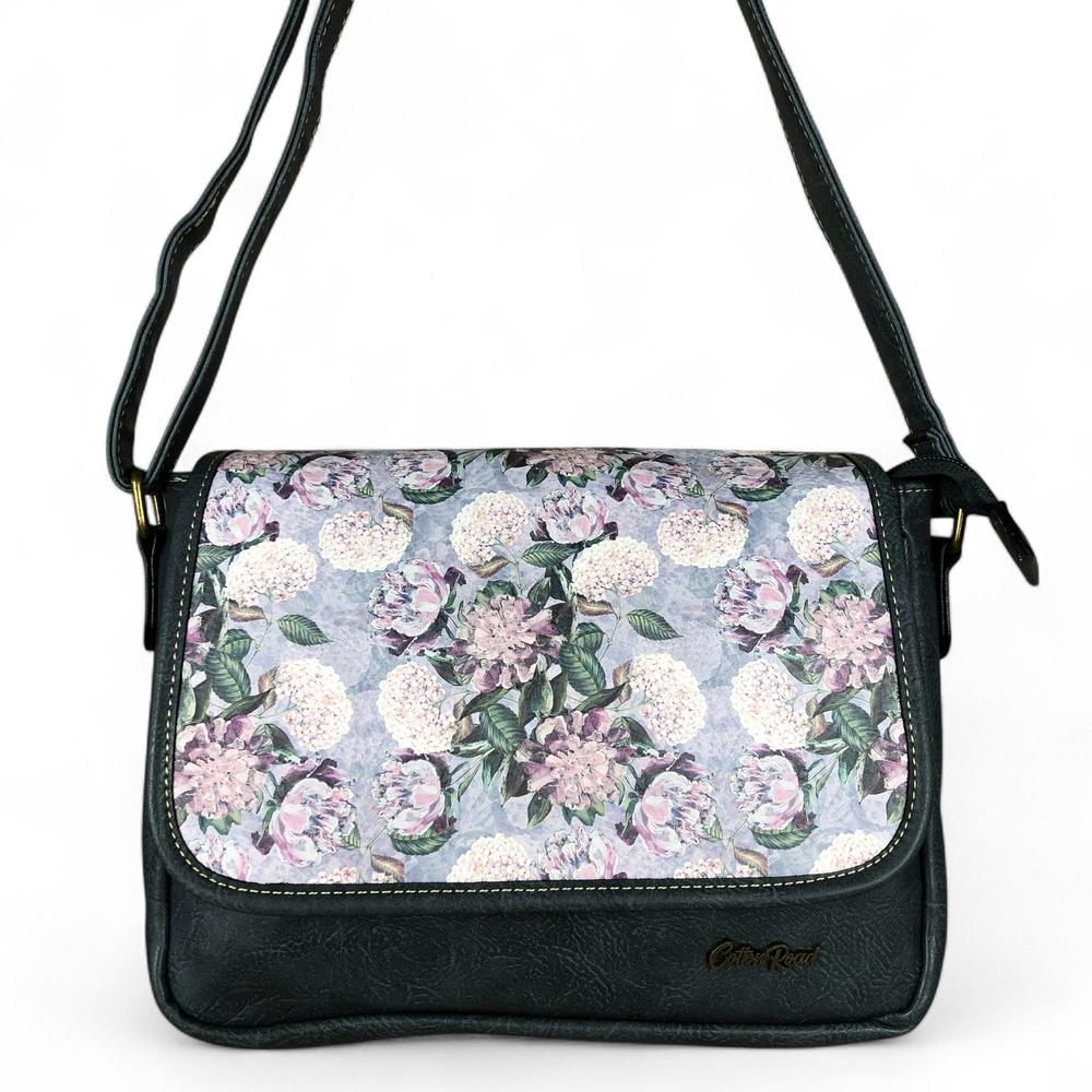 BLUE PU Leather Cotton Road Sling Bag with FLORAL Panel