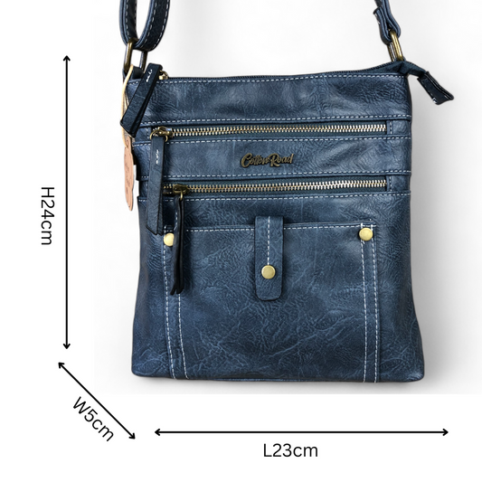BLUE PU Leather Cotton Road Sling Bag with Metal Zips