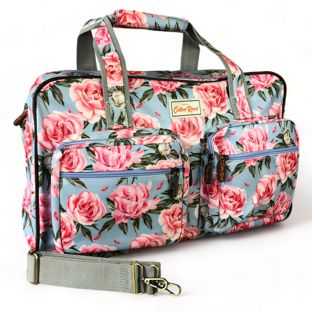 BLUE PVC Overnight Cotton Road Travel Bag with PINK ROSES