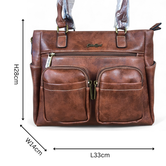 BROWN Cotton Road PU Leather Handbag with Pockets
