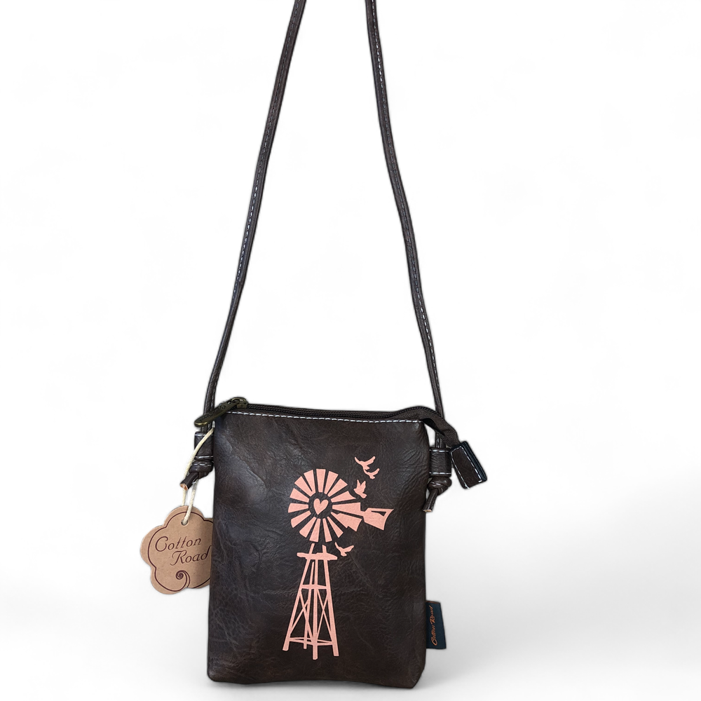 BROWN PU LEATHER Mini Cotton Road Sling Bag with WINDMILL