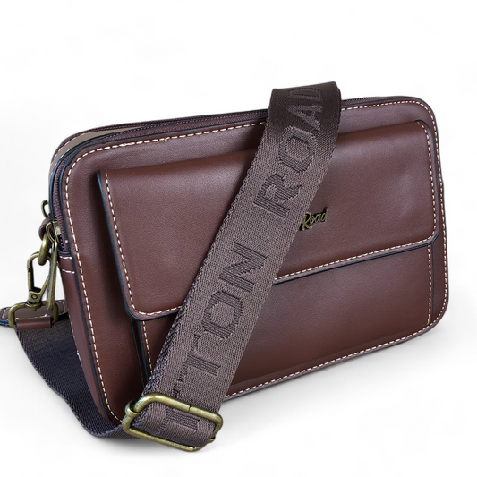 BROWN PU Leather Cotton Road Sling Bag with BRANDED STRAP