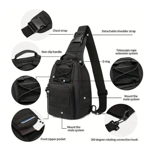 Multiple views of Durable Military style tactical sling bag with multiple pockets in black oxford fabric on a white background. We Sell Bags South Africa