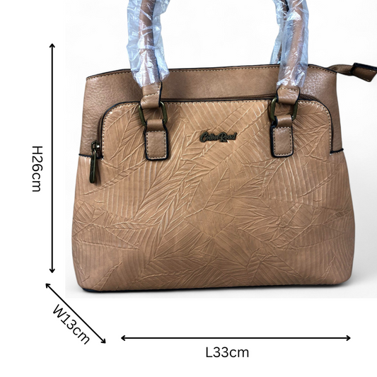 CAMEL PU Leather Cotton Road Handbag with EMBOSSED Panel