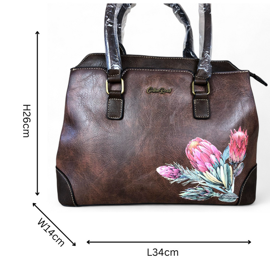 COFFEE BROWN PU Leather Cotton Road Handbag with PROTEA