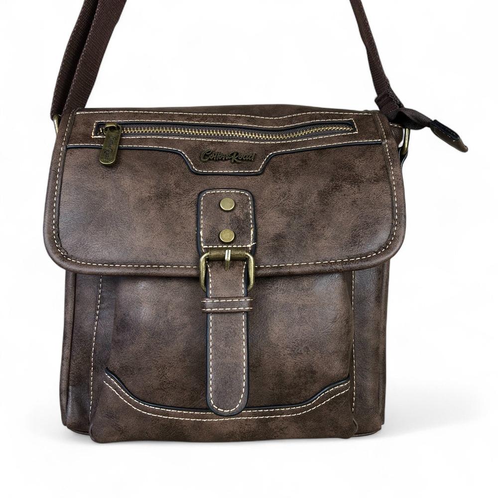 COFFEE BROWN PU Leather Cotton Road Sling Bag with BUCKLE detailing