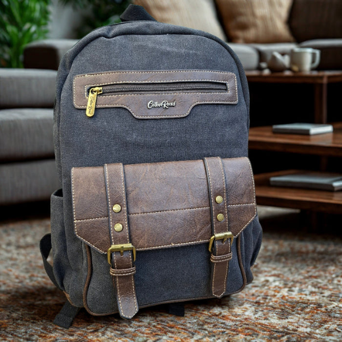 COTTON ROAD BACKPACK: BLACK Canvas and Pu Leather Travel Backpack HERO