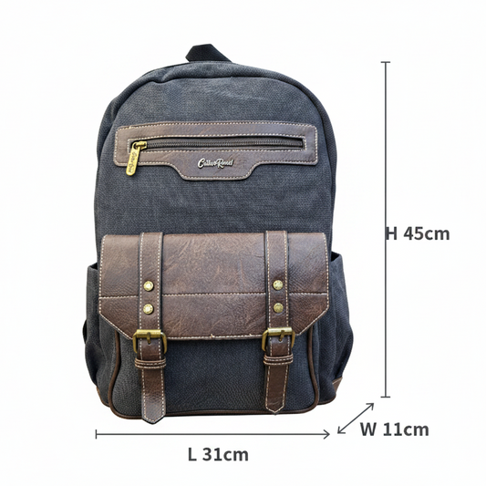 COTTON ROAD BACKPACK: BLACK Canvas and Pu Leather Travel Backpack SIZE