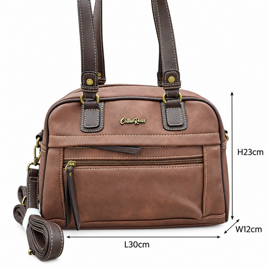 COTTON ROAD HANDBAG: BROWN Faux Leather Shoulder Bag, Top-Handle Satchel with Removable Strap SIZE