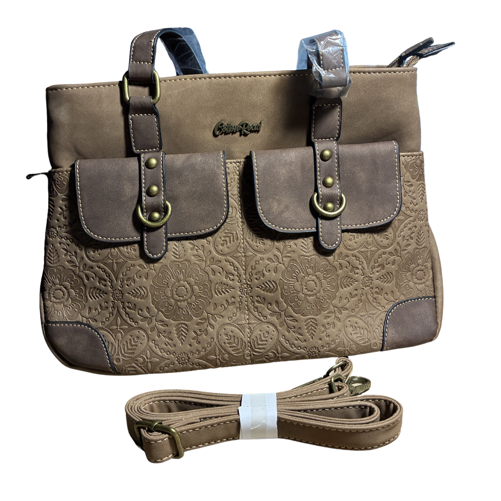 COTTON ROAD HANDBAG: BROWN PU Leather Sling Bag with embossed pattern SET