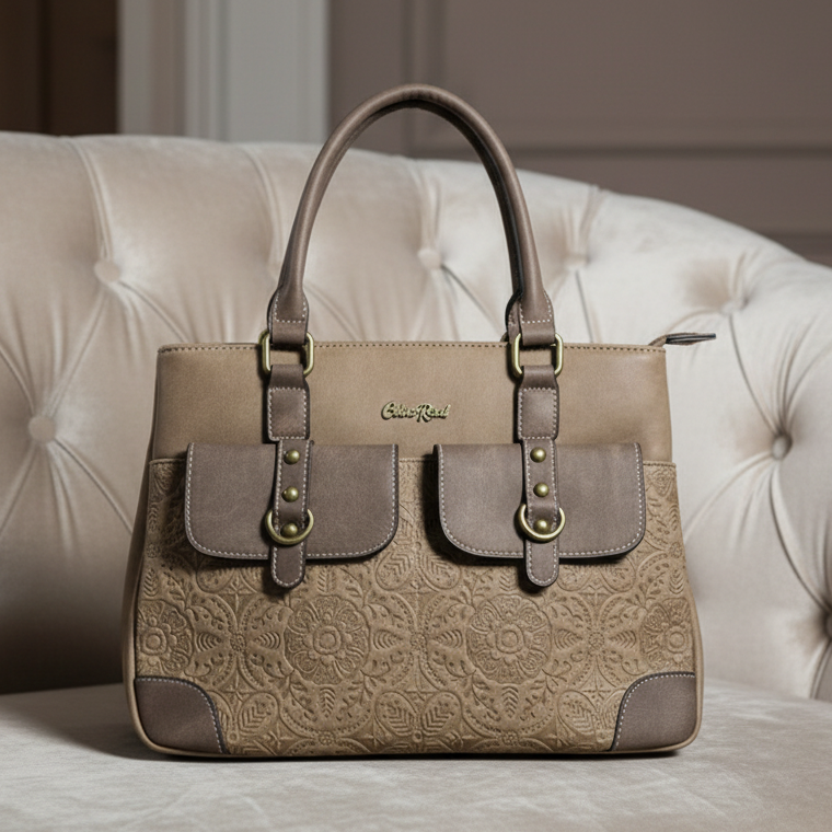 Cotton Road Handbag: BROWN PU Leather with Embossed Pattern