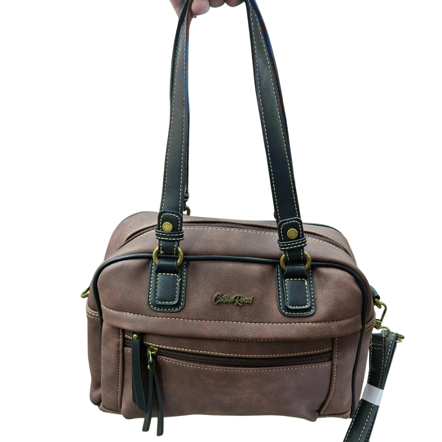 COTTON ROAD HANDBAG: COFFEE BROWN Faux Leather Shoulder Bag, Top-Handle Satchel with Removable Strap IN HAND VIEW