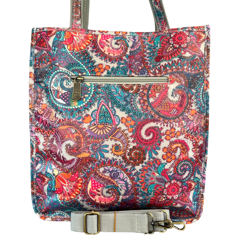 COTTON ROAD HANDBAG: Grey Paisley Colourful Print Shopper Bag back view