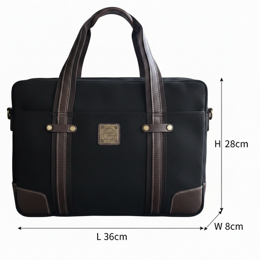 COTTON ROAD LAPTOP BAG: BLACK CANVAS MESSENGER BAG with PU Leather DETAIL SIZE