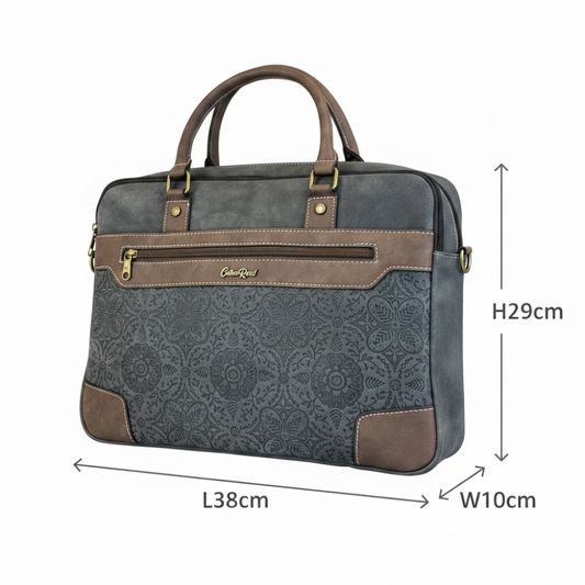 COTTON ROAD LAPTOP BAG: BLACK embossed PU LEATHER Bag with BROWN TRIM SIZED