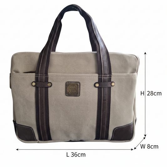 COTTON ROAD LAPTOP BAG: KHAKI CANVAS MESSENGER BAG with PU Leather DETAIL SIZE