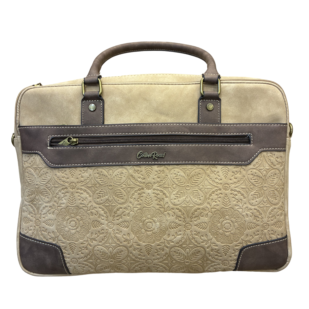 COTTON ROAD LAPTOP BAG: KHAKI embossed PU LEATHER Bag with BROWN TRIM FRONT VIEW