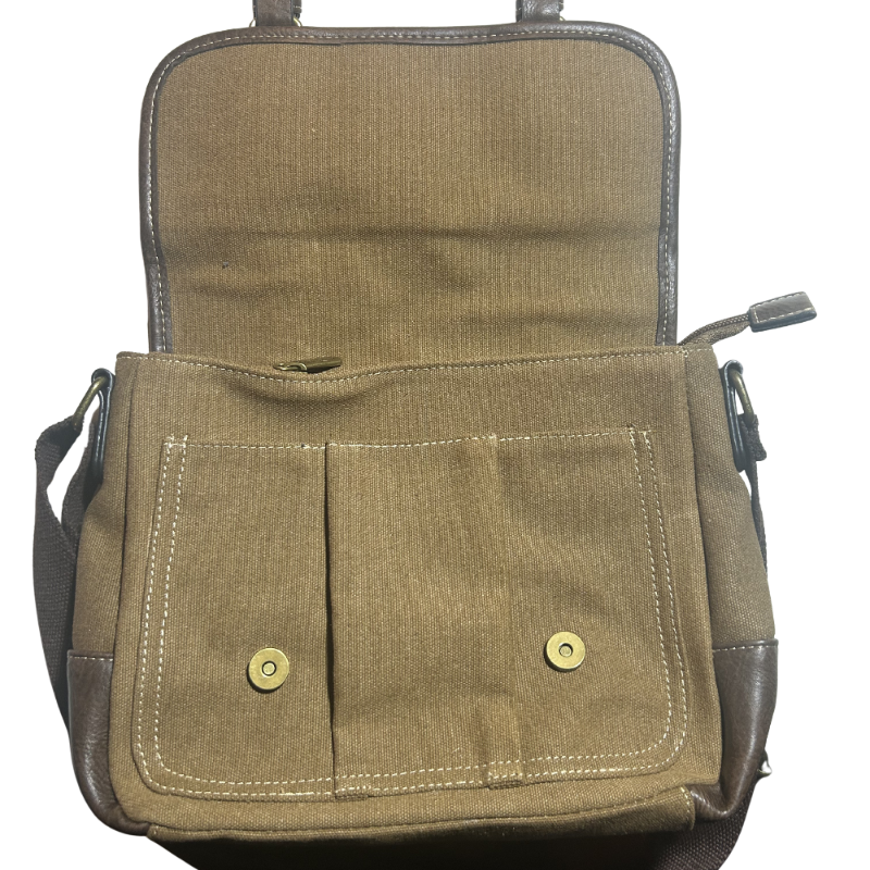 COTTON ROAD SLING BAG: BROWN CANVAS with PU LEATHER DETAILING MESSENGER BAG FRONT ZOOM