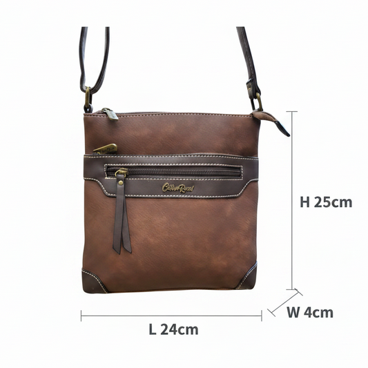 Cotton Road Sling Bag: BROWN Soft PU Leather Crossbody with BROWN Trim