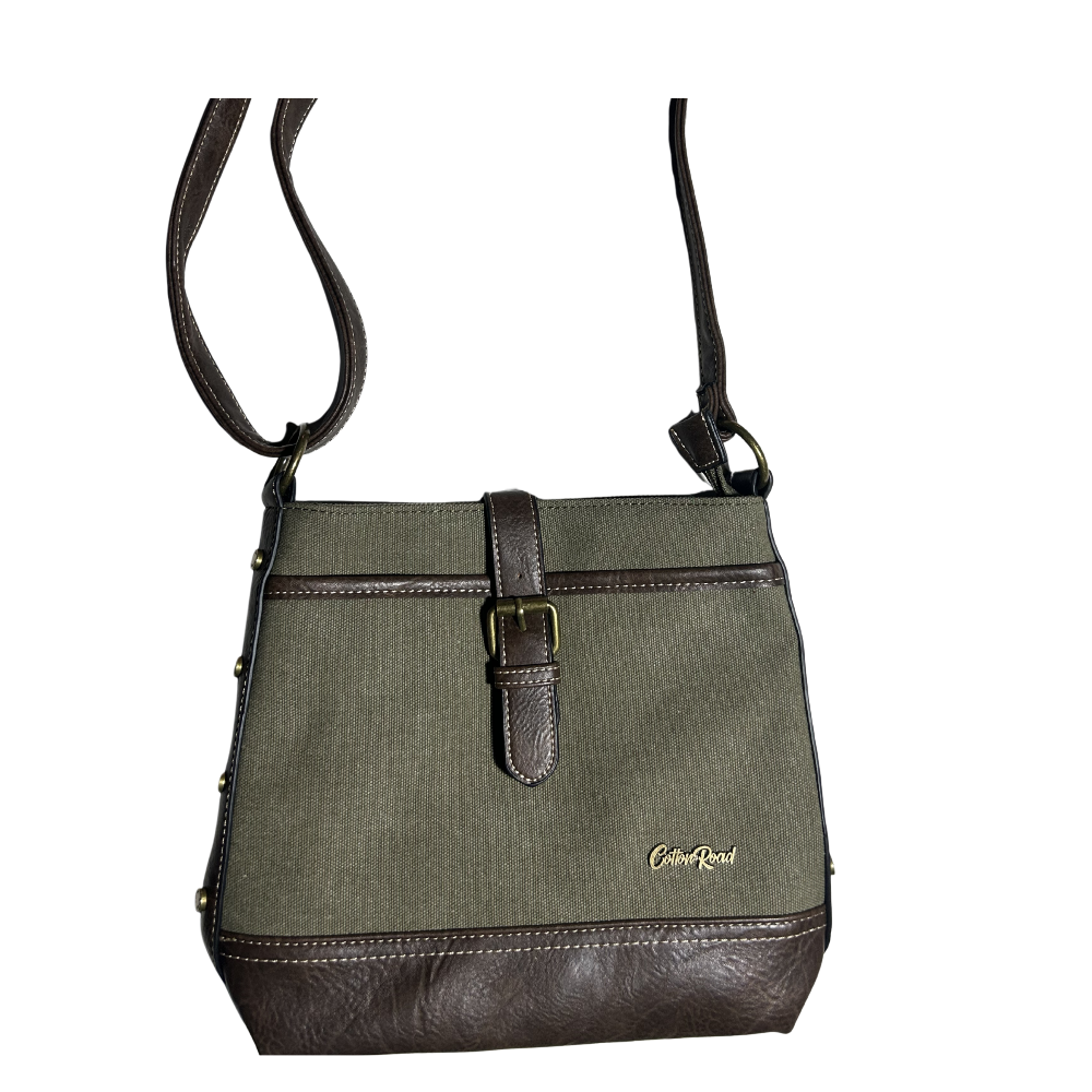 COTTON ROAD SLING BAG: GREEN CANVAS AND PU LEATHER CASUAL BAG