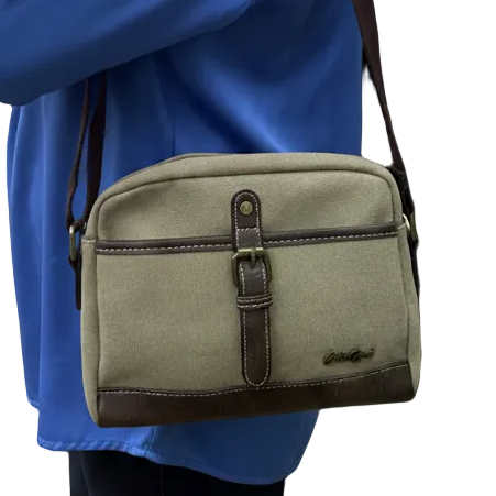COTTON ROAD SLING BAG: KHAKI Canvas with PU Leather Trim Bag