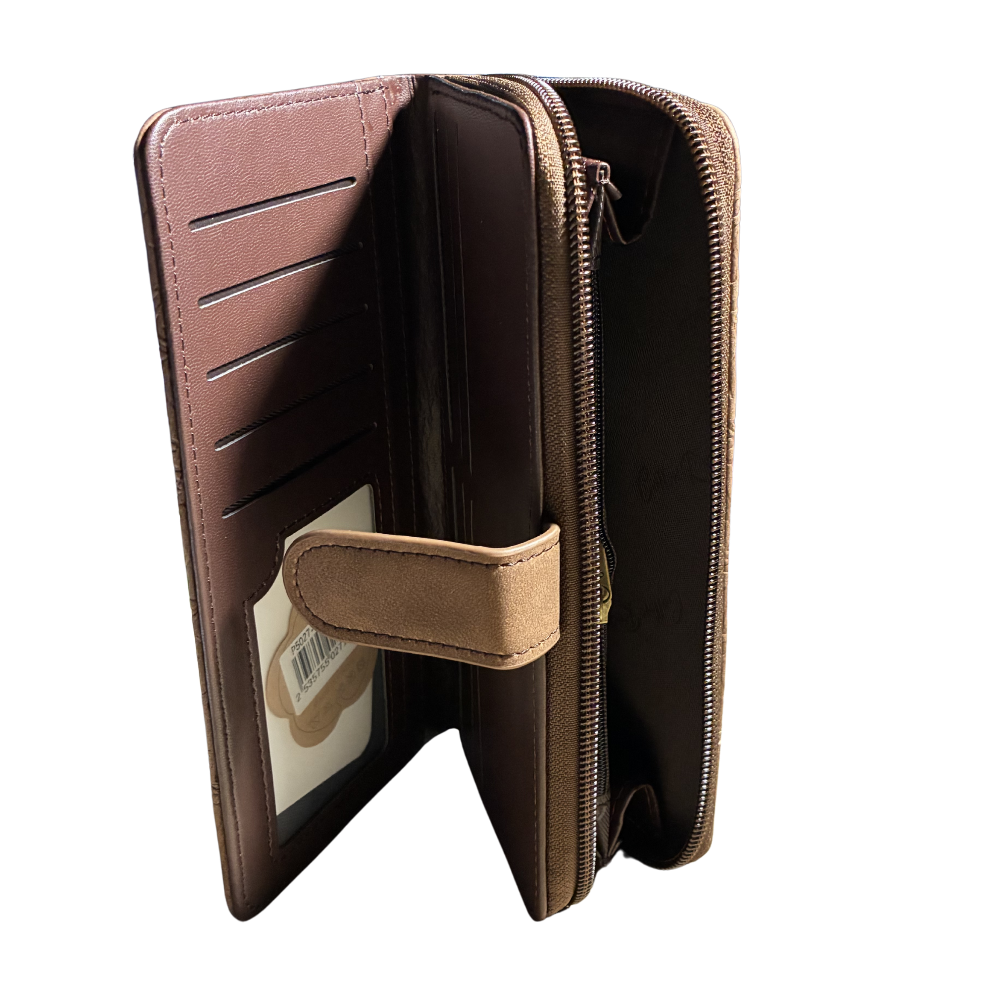 COTTON ROAD WALLET: BROWN suede PU Leather Embossed Purse OPEN SIDE VIEW