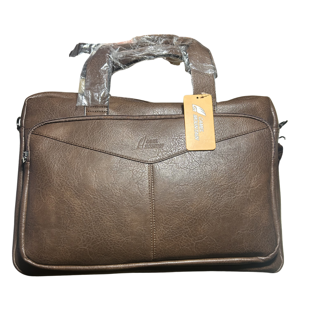Camel Mountain Laptop Bag: Large DARK BROWN PU Leather with Adjustable Strap FRONT