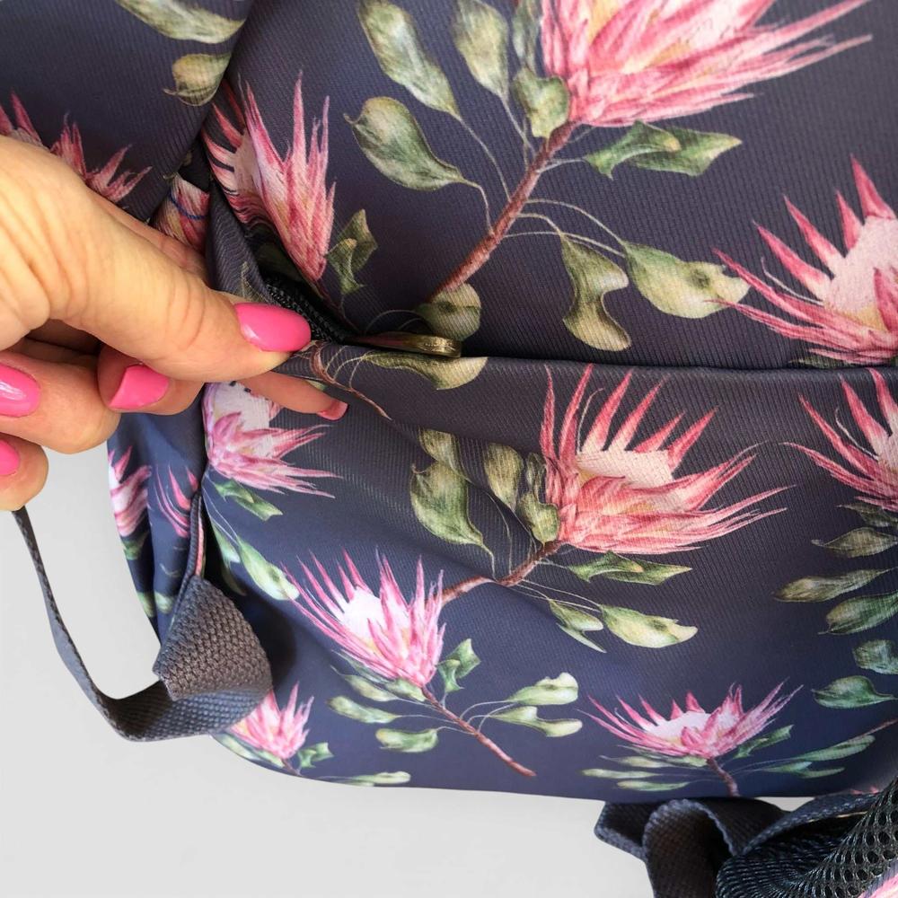 Cotton Road Backpack: BLUE FLORAL Canvas Backpack with PROTEAS