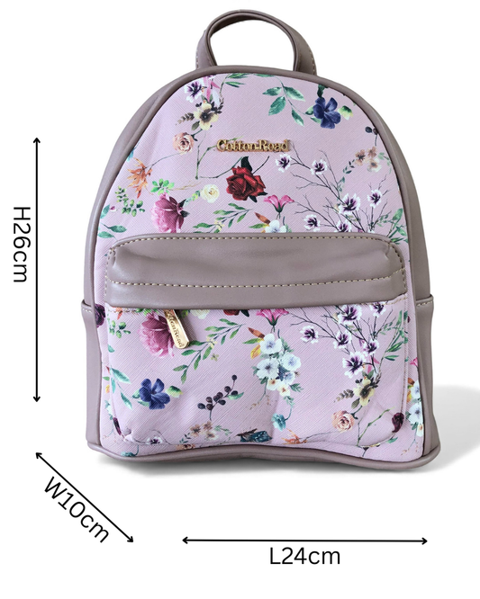 Cotton Road Backpack: PINK PU Leather Mini Backpack with FLORAL Panel