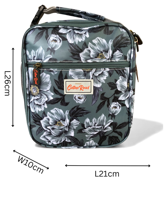 Cotton Road Cooler: GREEN FLORAL PVC Lunch Box Cooler Bag with sizes indicated
