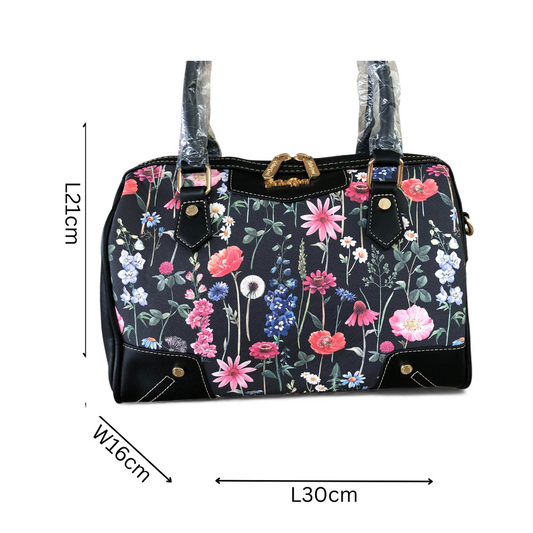 Cotton Road Handbag: BLACK Floral PU Leather Barrel Bag with Matching Wallet