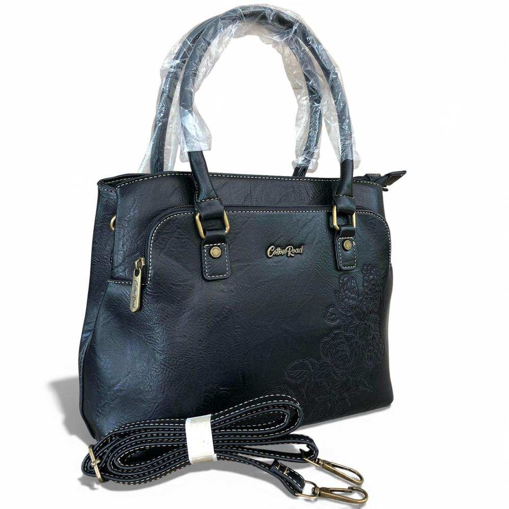 Cotton Road Handbag: BLACK PU Leather Bag with EMBROIDERY