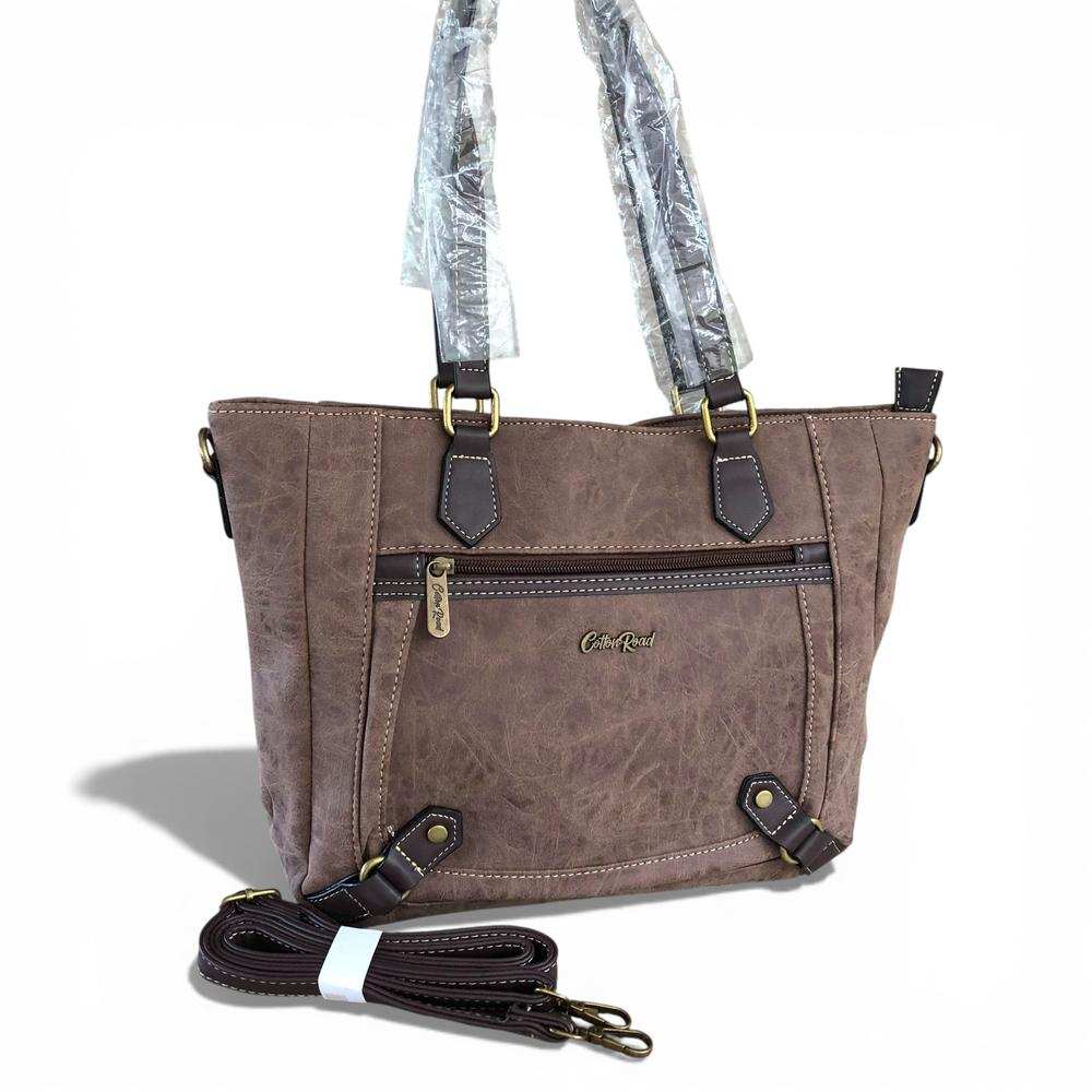 Cotton Road Handbag: BROWN PU Leather Handbag with Strap detail