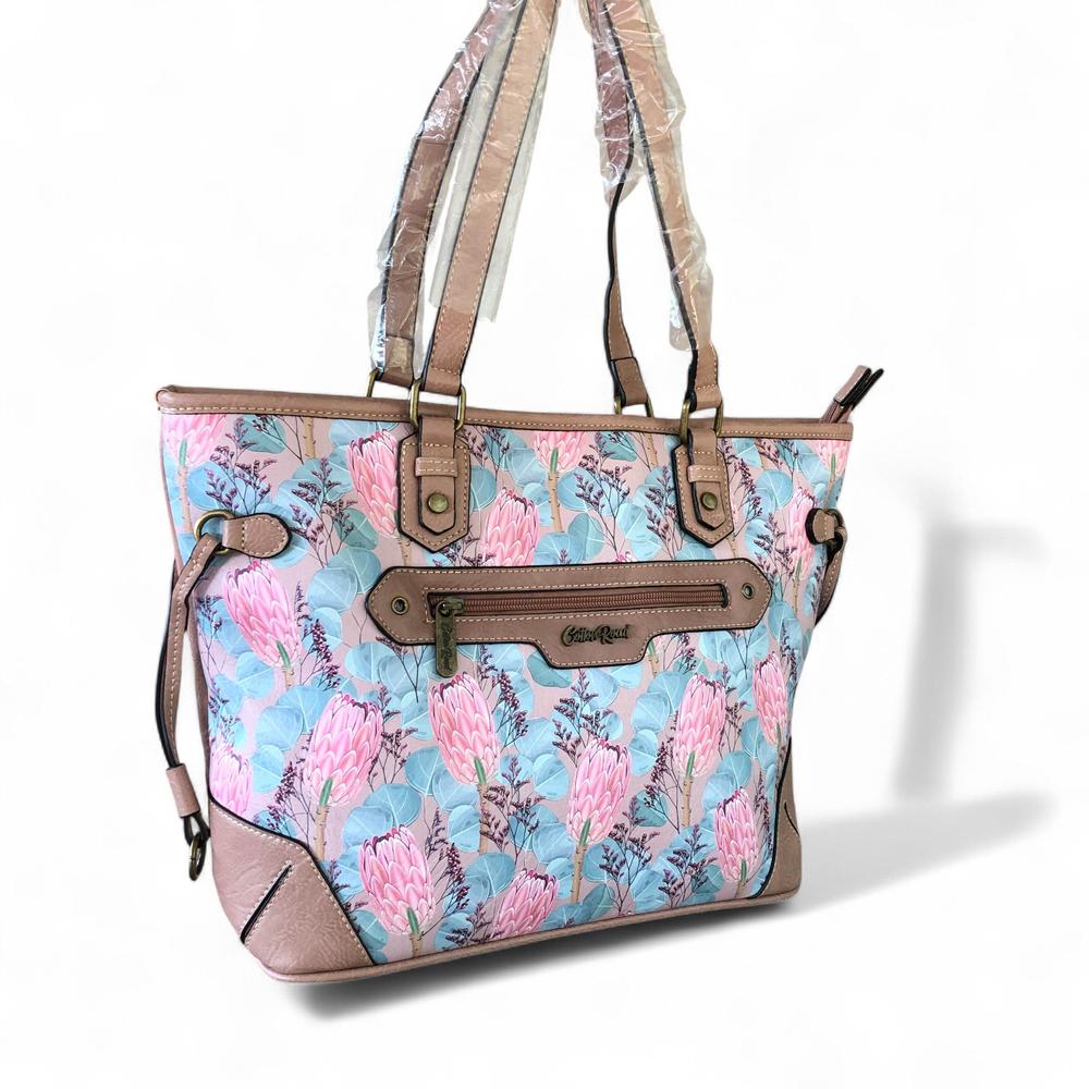 Cotton Road Handbag: PINK PU Leather Handbag with PROTEAS