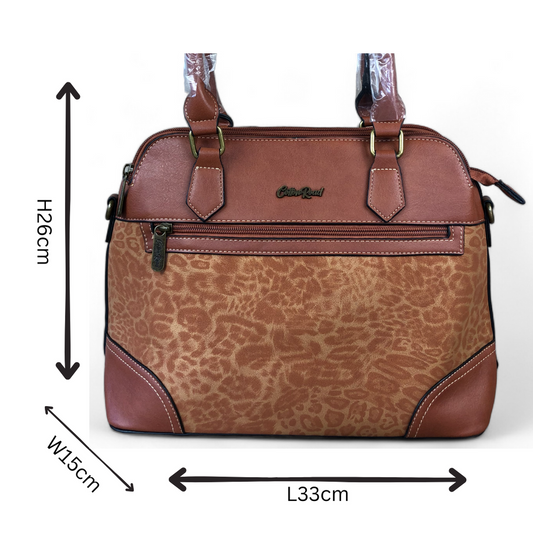 Cotton Road Handbag: TAN PU Leather Handbag with LEOPARD PRINT Panel
