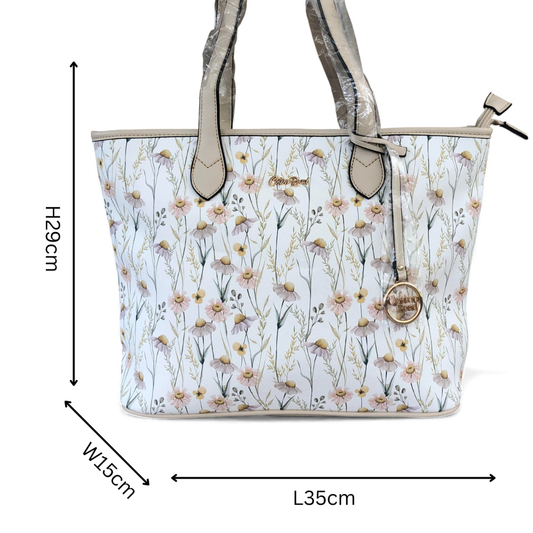 Cotton Road IVORY PU LEATHER Handbag with FLORAL Panel