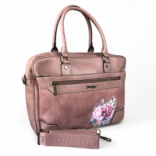 Cotton Road Laptop Bag: PINK PU Leather Bag with FLOWERS
