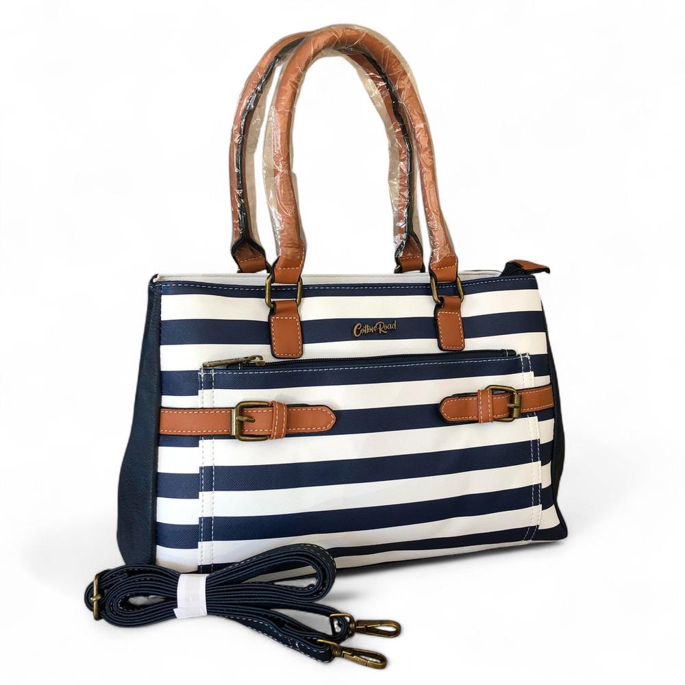 Cotton Road NAVY and WHITE STRIPED PVC Handbag with BUCKLE detailing