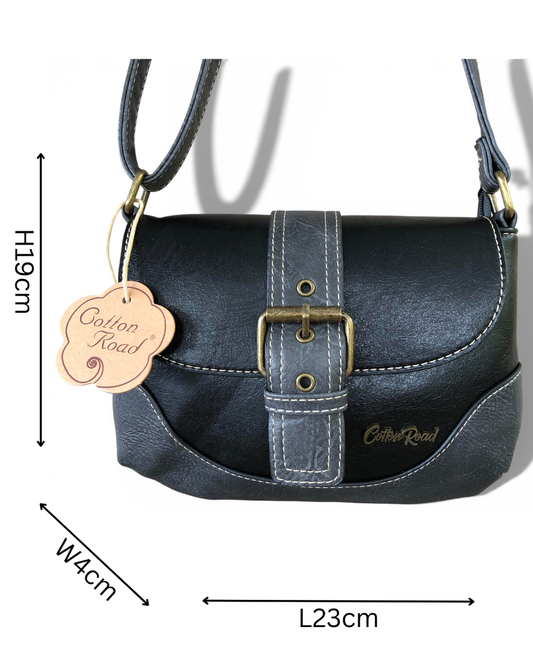 Cotton Road Sling Bag: BLACK PU Leather Sling Bag with BUCKLE CLIP with sizes