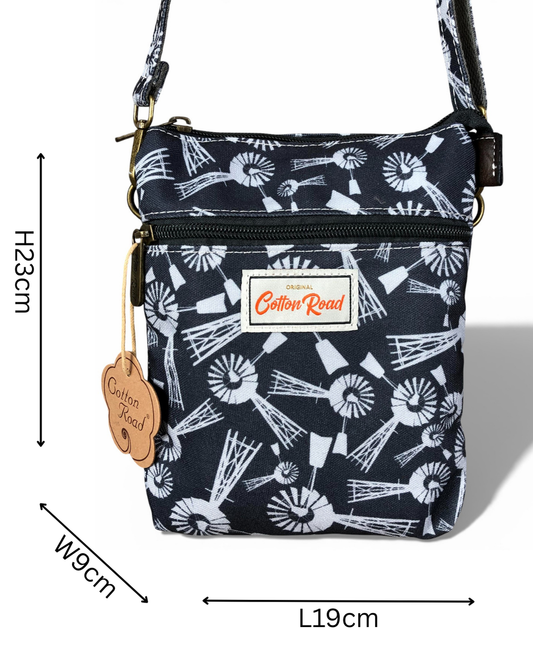 Cotton Road Sling Bag: BLUE Canvas Mini Sling Bag with WINDMILLS